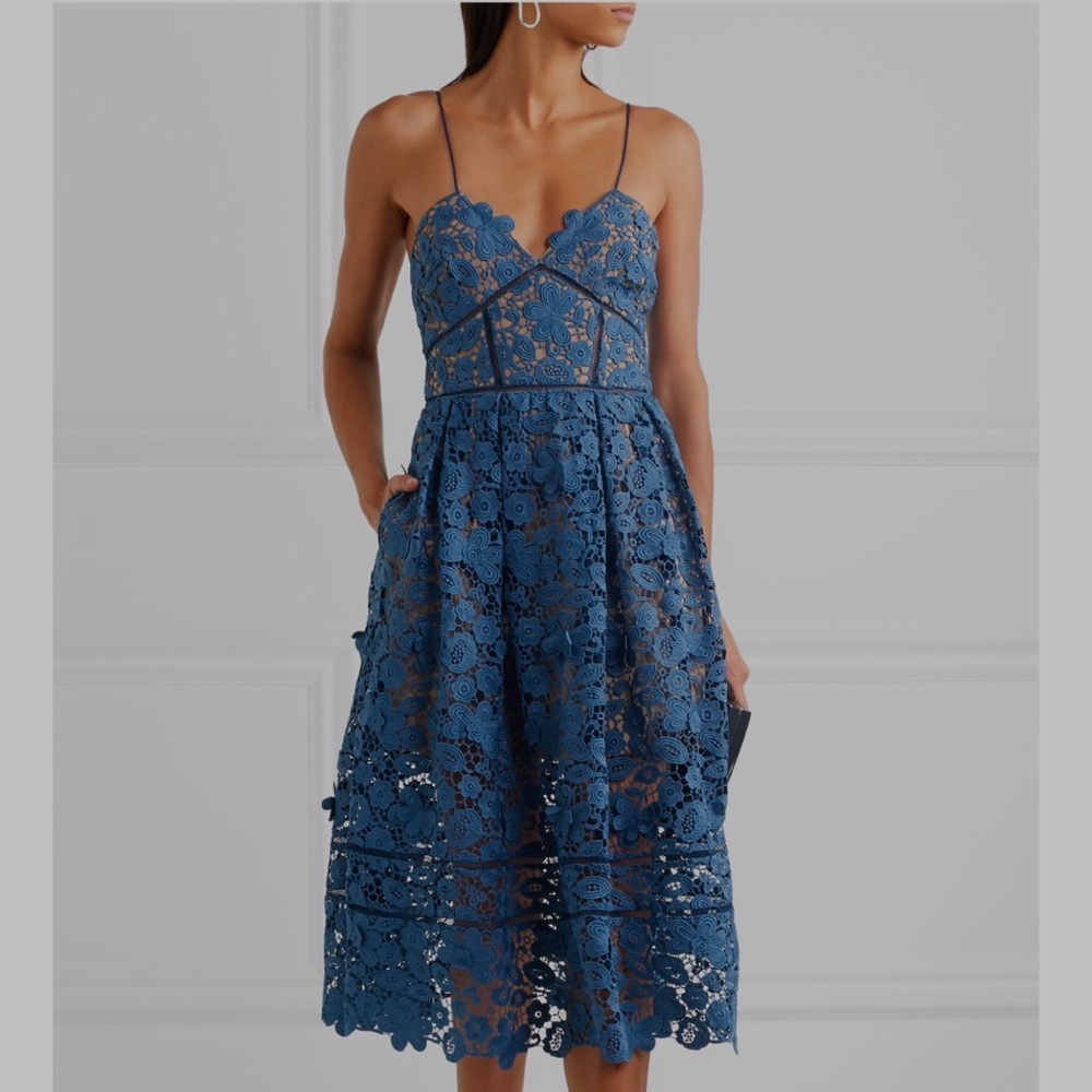 Self Portrait Azaelea Guipure Lace Midi Dress - Blue - 8